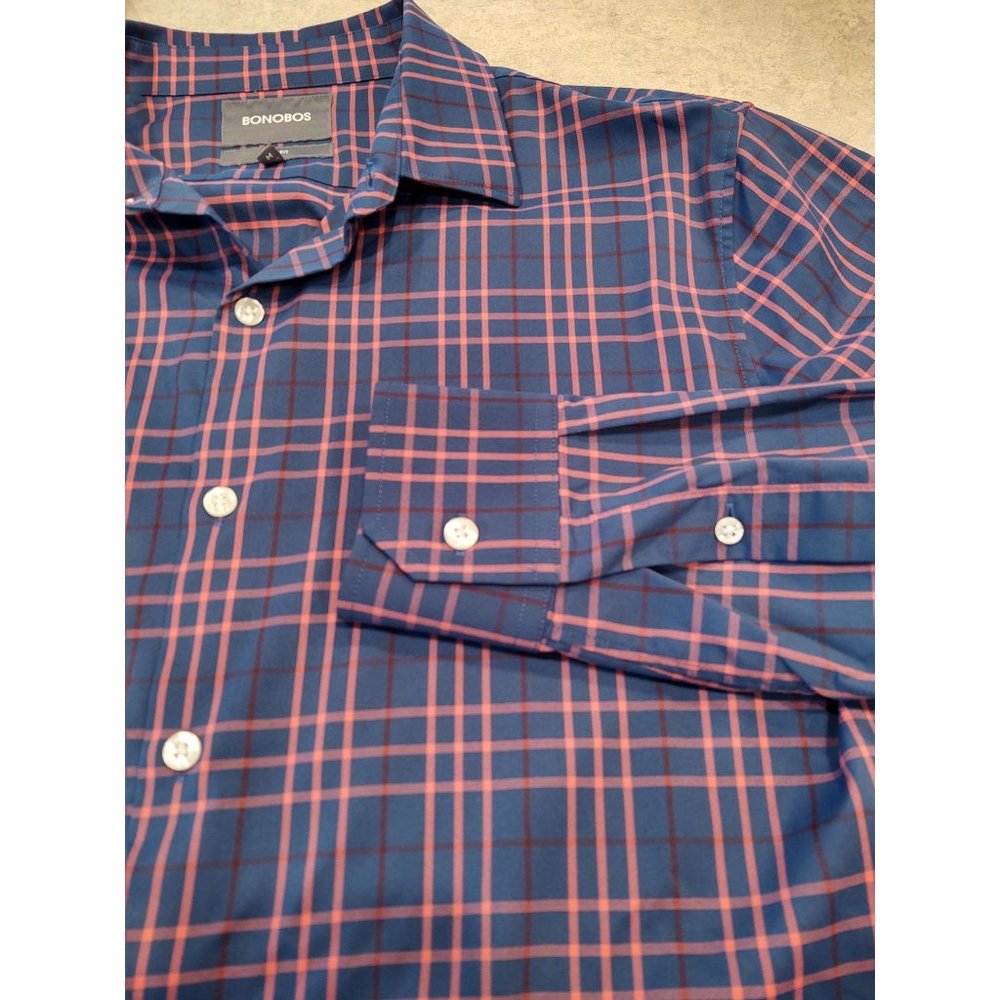 Bonobos Mens Shirt M Slim Fit Pink Blue Check Plaid Long Sleeve Button Up Casual